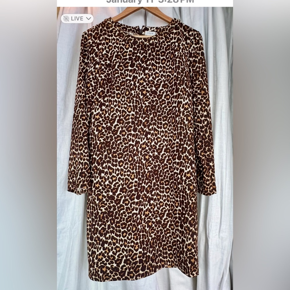 J. CREW Leopard Print Brown Cream Tan Black Long Sleeve Shift Dress (8)
